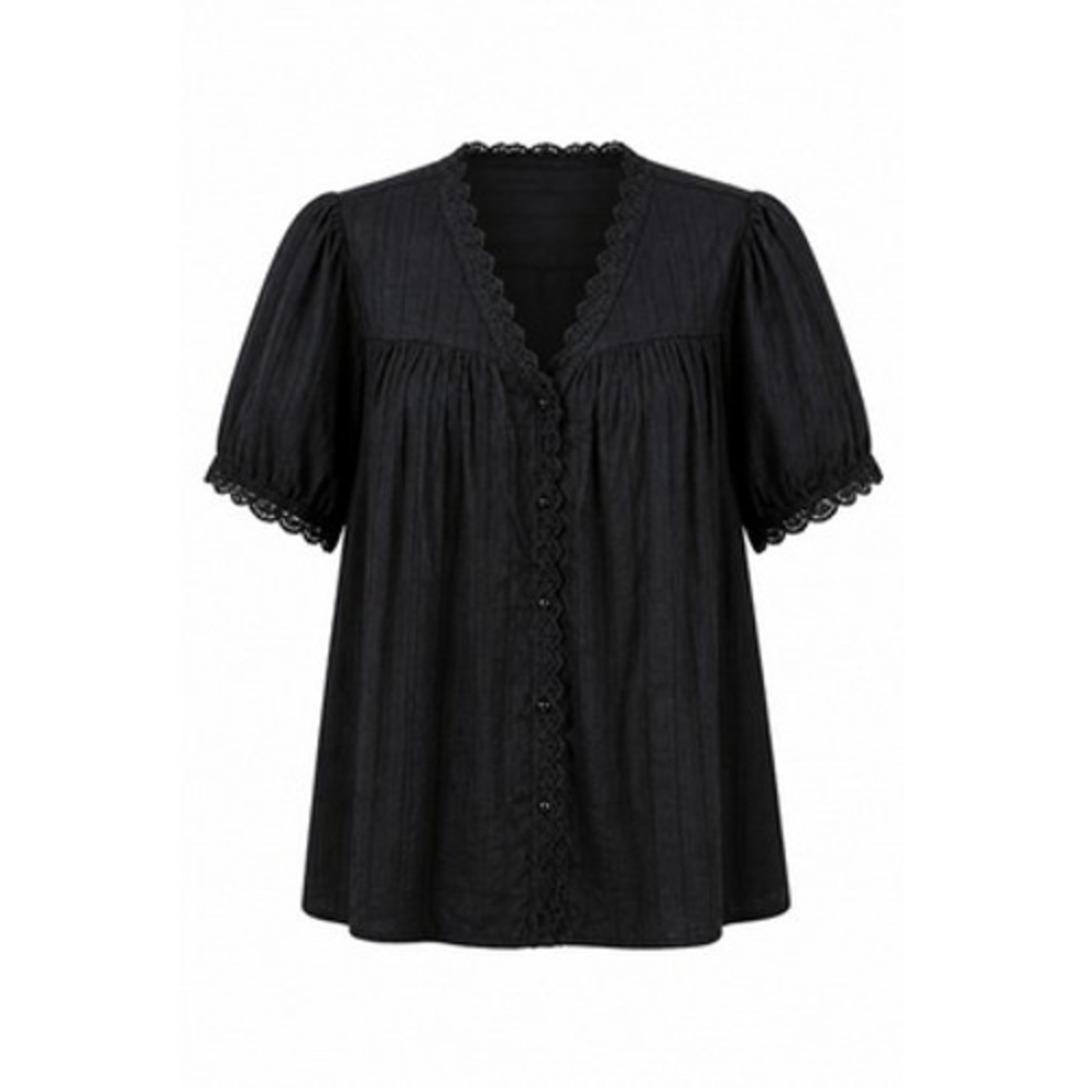 Baltic Born Tunic Top Women XL Black Puff Sleeve Crochet Button Boho Peasant